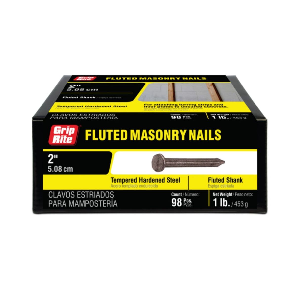A box of GRIP-RITE 2TFMAS1 #9 x 2 in. fluted masonry nails, famous for corrosion resistance, contains 98 tempered hardened steel nails for concrete walls. Set on a plain white background, the details are prominently displayed above the box.